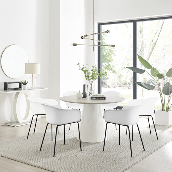 Canora Grey Edzard Statement 6 Person Round Dining Table Set in Luxury Beige Stone Effect ...